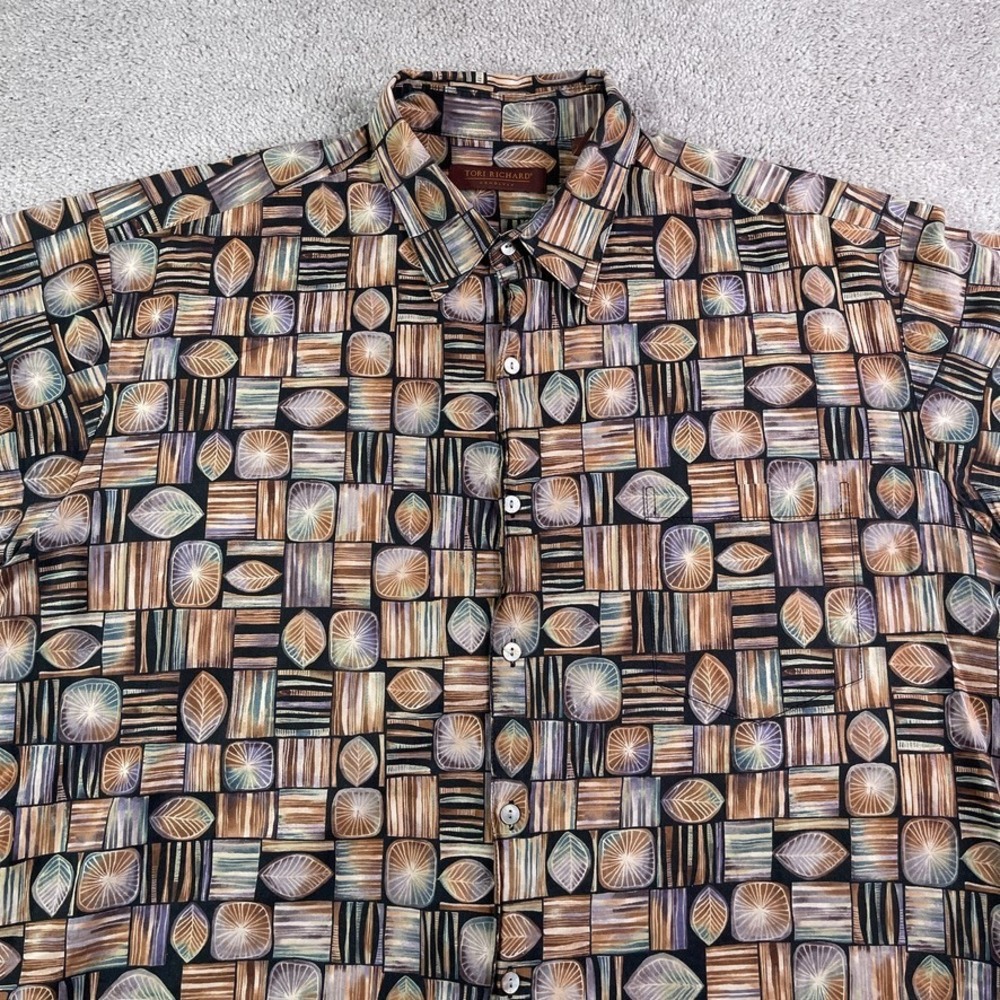 Tori Richard Shirt Mens XL Brown‎ Geometric Cotton Lawn Hawaiian AOP Resort USA
